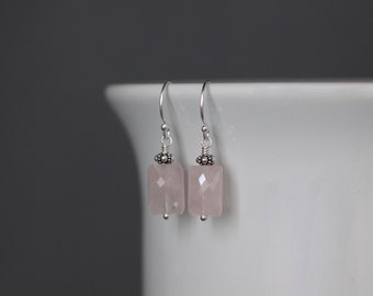 Rose Quartz and Silver Earrings - Pink and Silver Earrings - Pink Gemstone Earrings - Bali Silver Earrings - Rectangle Stone Earrings