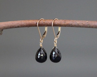 Black Spinel Earrings - Black Gemstone Earrings - Gold Wire Wrapped Earrings - Gold Leverback Earrings - Single Stone Earrings