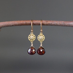 Garnet and Gold Earrings - Garnet Quartz Earrings - Red Gemstone Earrings - Gold Flower Earrings - Red and Gold - Garnet Teardrop Earrings