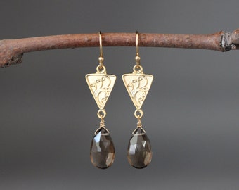 Smokey Quartz Earrings - Brown Gemstone Earrings - Brown and Gold Earrings - Wire Wrapped Earrings Gold - Chandelier Earrings