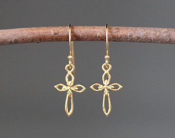 Gold Cross Earrings - Cross Dangle Earrings - Religious Jewelry - Fancy Cross Earrings - Double Cross Earrings Earrings - Crucifix Earrings