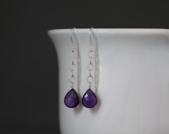 Orecchini in quarzo ametista - Orecchini con pietre preziose viola - Orecchini con pietre preziose e argento - Orecchini con catena in argento - Orecchini pendenti lunghi
