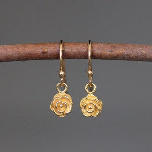 Gold Flower Earrings - Flower Charm Earrings - Rose Flower Earrings - Small Gold Dangle Earrings - 14k Gold Vermeil - All Gold Earrings