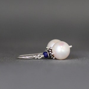 Pearl and Gemstone Earrings - Lapis and Silver Earrings - Akoya Pearl Earrings - Blue Gemstone Earrings - Pearl Dangle Earrings
