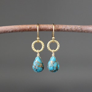 Turquoise and Gold Earrings - Copper Turquoise Earrings - Blue Turquoise Earrings - 18k Gold Vermeil Earrings - Gold Wire Wrapped Earrings
