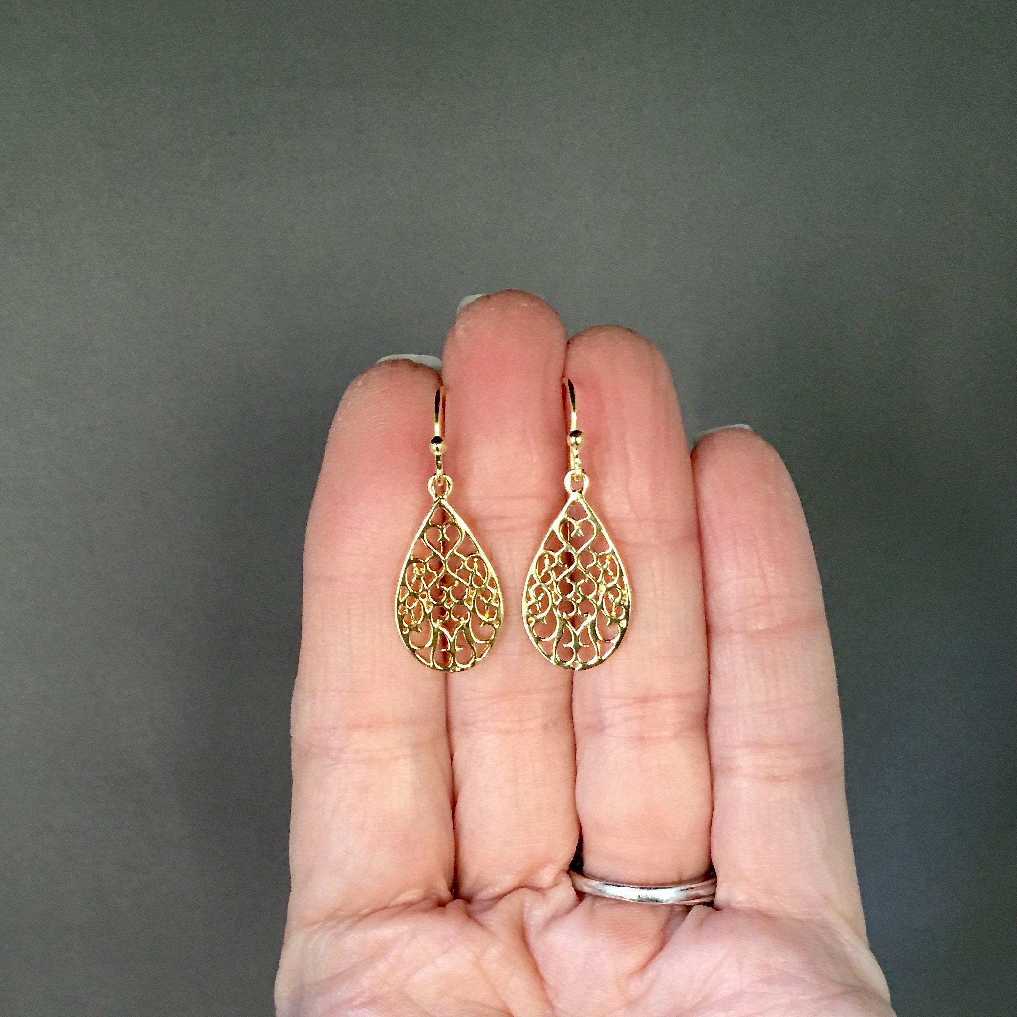 Gold filigree store teardrop earrings