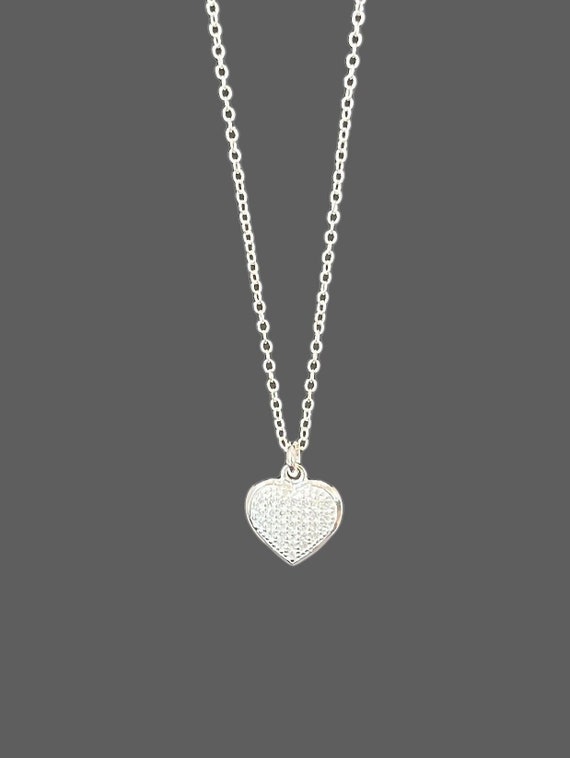 Silver Heart Necklace - Pave Heart Pendant - Simple Heart