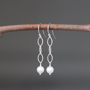 White Pearl Earrings - Pearl and Silver Earrings - Akoya Pearl Earrings - Pearl Bridal Jewelry - Long Pearl Earrings - Silver Link Earrings
