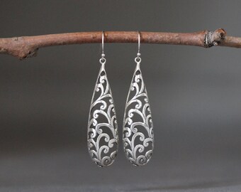 Silver Filigree Earrings - Long Silver Earrings - Silver Dangle Earrings - Statement Earrings - Silver Teardrop Earrings