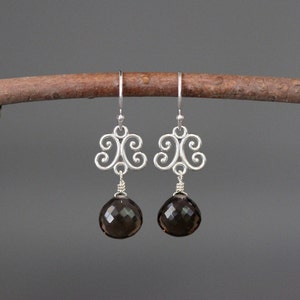 Smokey Quartz Earrings - Bali Silver Earrings - Silver Wire Wrapped Earrings - Brown Gemstone Earrings - Brown and Silver Earrings