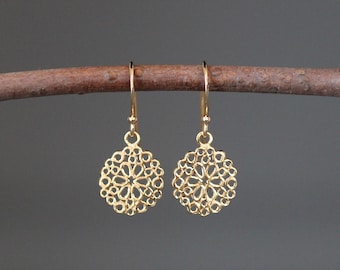 Gold Filigree Earrings - Gold Flower Earrings - 24k Gold Vermeil Earrings - Small Gold Earrings - Round Gold Earrings