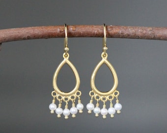 Pearl and Gold Earrings - Pearl Chandelier Earrings - White and Gold Earrings - Gold Wire Wrapped Earrings - Jewelry for the Bride