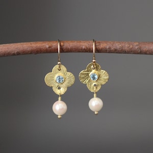 Blue Topaz and Gold Earrings - Pearl and Gold Earrings - Pearl and Gemstone Earrings - Gold Flower Earrings