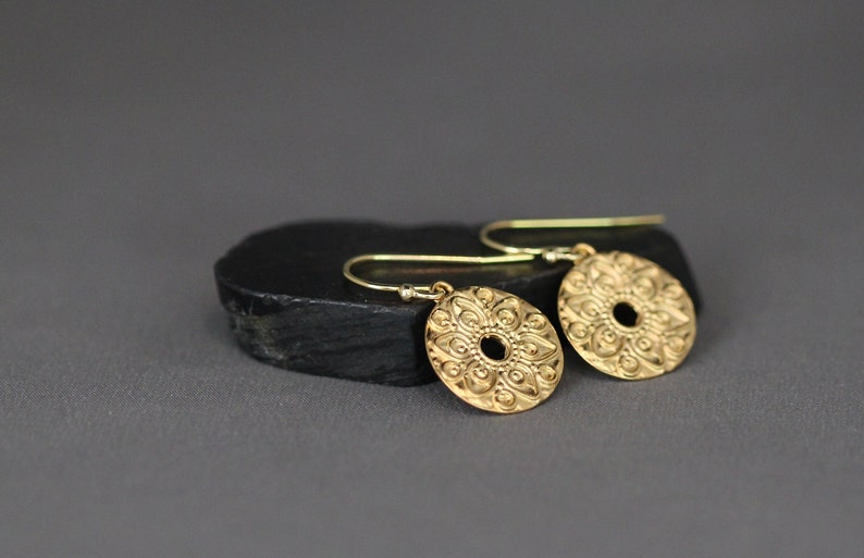 Gold Mandala Earrings Round Gold Earrings Gold Coin Earrings 18k Gold Vermeil Earrings Gold Charm Earrings image 4