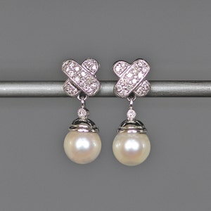 Pearl and Diamond Earrings - Pave Diamond Earrings - Cultured Pearl Earrings - Diamond X Earrings - Earrings for the Bride