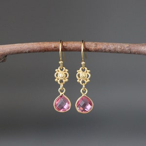 Pink Quartz and Gold Earrings - Pink Gemstone Earrings - 18k Gold Vermeil Earrings - October Birthstone Earrings - Pink and Gold Earrings