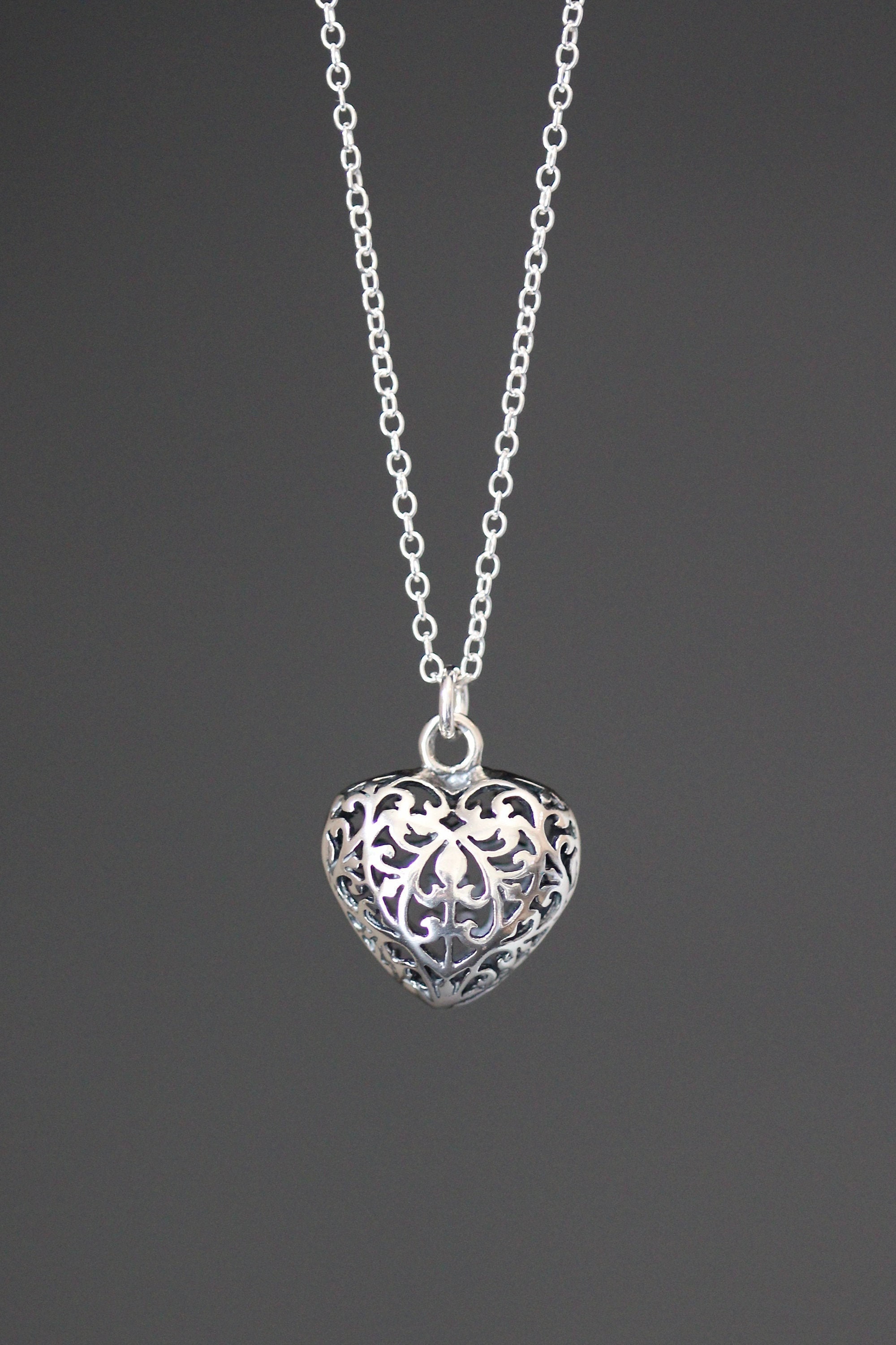 Silver Heart Necklace - Heart Charm Necklace - Filigree Heart Pendant - Bali Silver Necklace - Romantic Jewelry - Anniversary Gift