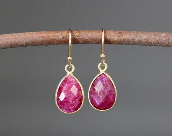 Red Ruby Earrings - Ruby and Gold Earrings - Red Gemstone Earrings - July Birthstone Jewelry