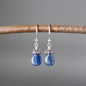 Blue Kyanite Earrings - Blue Gemstone Earrings - Bali Silver Earrings - Silver Wire Wrapped Earrings - Opalescent Earrings - Teardrop Dangle