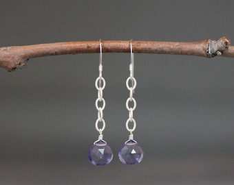 Iolite Quartz Earrings - Blue Gemstone Earrings - Gem and Silver Earrings - Silver Chain Earrings - Long Dangle Earrings - Blue and Silver