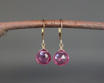 Fuchsia Quartz Dangle Earrings - Pink Wire Wrapped Gemstones - Gold Leverback Earwires