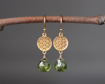 Peridot Earrings - Green Gemstone Earrings - Peridot and Gold - Gold Flower Earrings - Gold Wire Wrapped Earrings