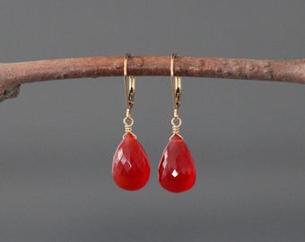 Carnelian Teardrop and Gold Leverback Earrings - Orange Gemstone Jewelry