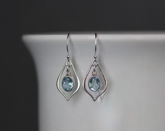Blue Topaz Earrings - Bali Silver Jewelry - Semi Precious Gemstones - Oval Bezel Stones - December Birthstone