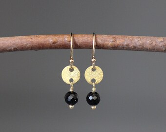 Black Spinel Earrings - Black Gemstone Earrings - Brushed Gold Earrings - Black and Gold Earrings