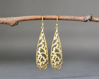 Gold Filigree Earrings - Long Gold Earrings - Matt Gold Earrings - Gold Dangle Earrings