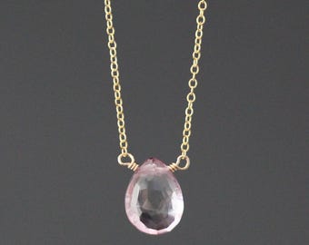 Mystic Quartz and Gold Necklace - Pink Gemstone Wire Wrapped Pendant - 14k Gold Filled