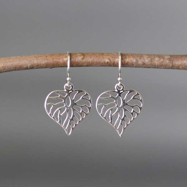 Silver Heart Earrings - Heart Charm Earrings - Silver Filigree Earrings - Romantic Jewelry - Heart Dangle Earrings