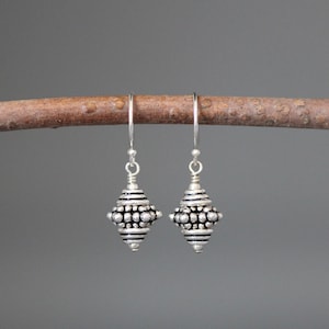 Bali Silver Earrings - Silver Dangle Earrings - Bali Bead Earrings - Wire Wrapped Earrings - Small Silver Earrings - All Silver Earrings