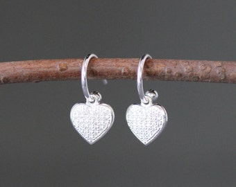 Pave Heart Earrings - Heart Dangle Earrings - Silver Post Hoop Earrings - Silver Heart Earrings - Cubic Zirconia Earrings - Valentine Gift