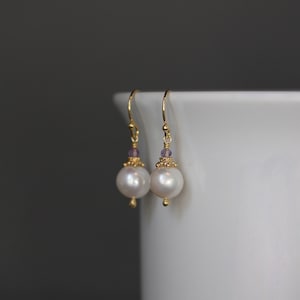 Pearl and Gemstone Earrings - Pearl and Gold Earrings - Amethyst Earrings - Akoya Pearl Earrings - Purple Earrings - Amethyst and Pearl
