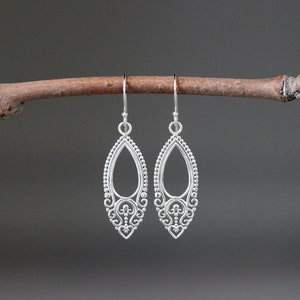 Silver Filigree Earrings - Bali Silver Earrings - Silver Teardrop Earrings - Silver Dangle Earrings - Statement Earrings - Silver Charms