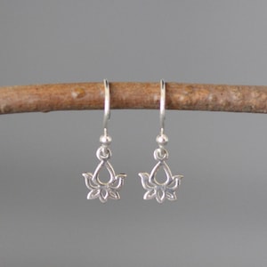 Lotus Flower Earrings - Silver Lotus Charm - Flower Charm Earrings - Small Earrings - Floral Earrings - Gift for Girl - All Silver Earrings