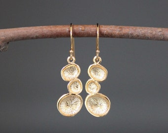 Free Form Earrings - Gold Charm Earrings - Long Gold Earrings - Brushed Gold Earrings - Three Circle Earrings