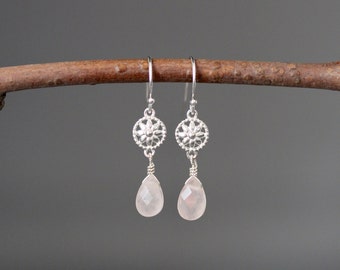 Rose Quartz Earrings - Bali Silver Earrings - Pink Gemstone Earrings - Pink and Silver Earrings - Sterling Silver Earrings - Silver Flowers