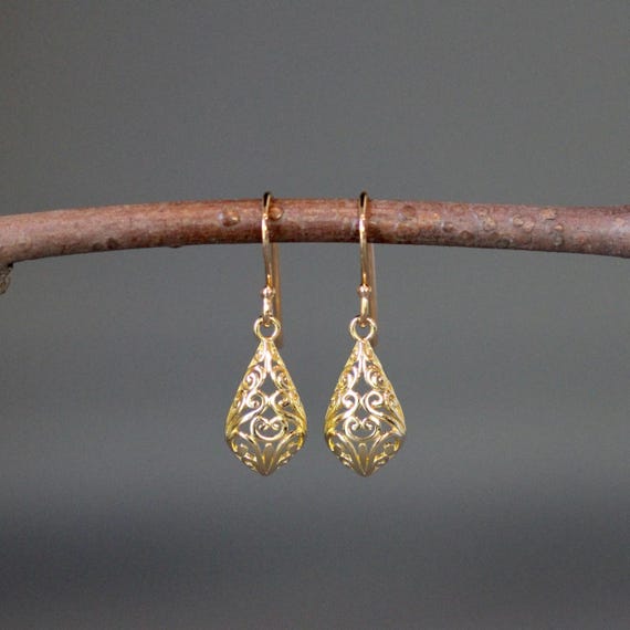Gold Filigree Earrings - 24k Gold Vermeil Earrings - Gold Charm Earrings - Gold Dangle Earrings - Everyday Jewelry