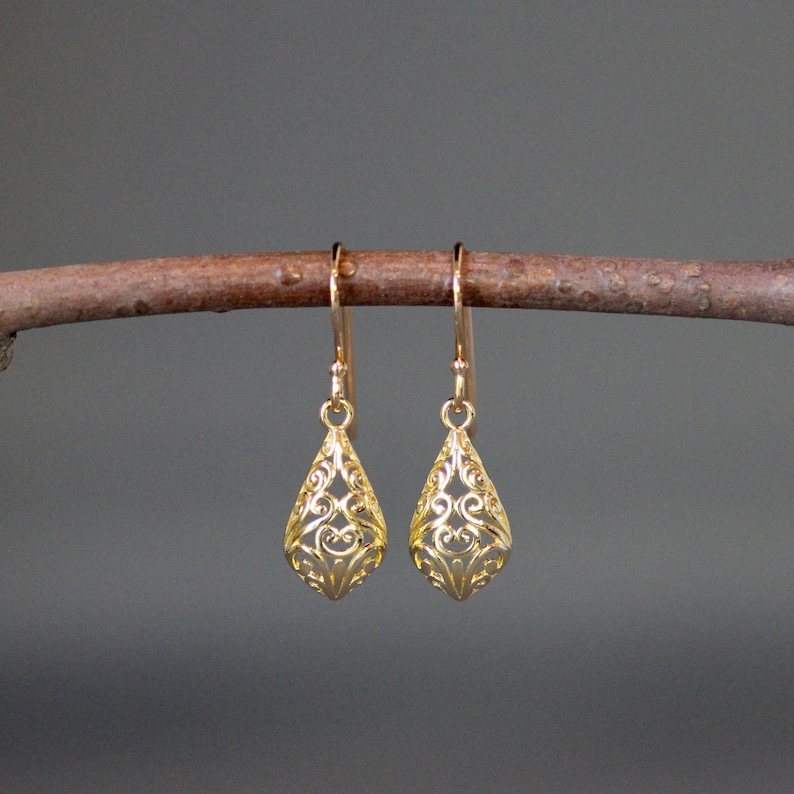 Gold Filigree Earrings - 24k Gold Vermeil Earrings - Gold Charm Earrings - Gold Dangle Earrings - Everyday Jewelry image 1
