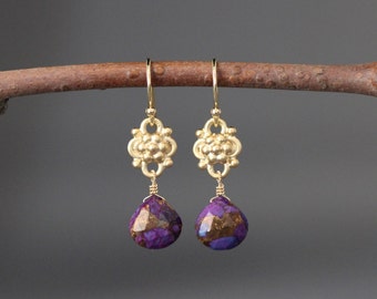Orecchini in turchese viola - Orecchini in turchese rame - Orecchini in filigrana d'oro - Orecchini avvolti in filo metallico - Orecchini viola e oro
