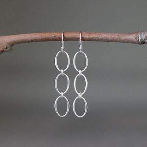 Silver Oval Earrings - Silver Link Earrings - Long Silver Earrings - Three Circle Earrings - Delicate Silver Earrings