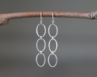 Silver Oval Earrings - Silver Link Earrings - Long Silver Earrings - Three Circle Earrings - Delicate Silver Earrings