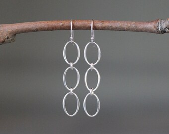 Silver Oval Earrings - Silver Link Earrings - Long Silver Earrings - Three Circle Earrings - Delicate Silver Earrings