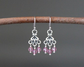 Pink Quartz Earrings - Small Chandelier Earrings - Fuchsia Gemstone Earrings - Bali Silver Earrings - Silver Wire Wrapped Earrings