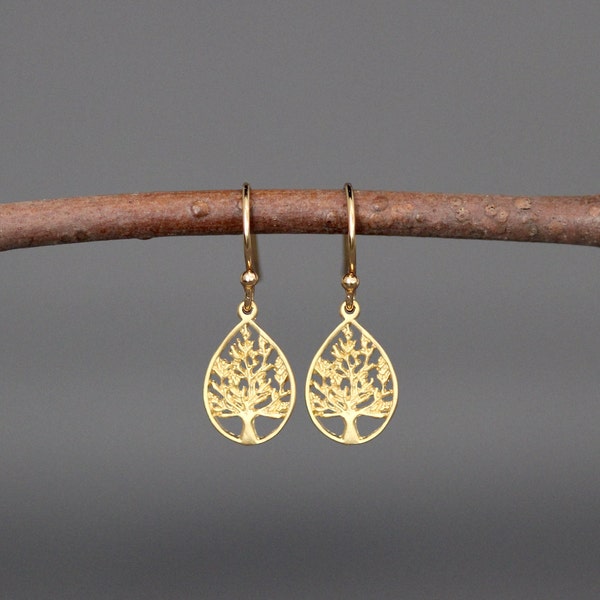 Tree of Life Earrings - Gold Tree of Life - Family Tree Earrings - Judaica Jewelry - Tree Charm Earrings - Matte Gold Earrings