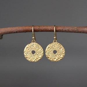 Gold Mandala Earrings Round Gold Earrings Gold Coin Earrings 18k Gold Vermeil Earrings Gold Charm Earrings image 1