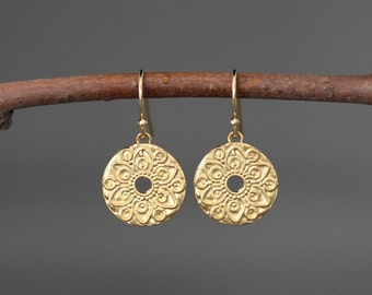 Gold Mandala Earrings - Round Gold Earrings - Gold Coin Earrings - 18k Gold Vermeil Earrings - Gold Charm Earrings
