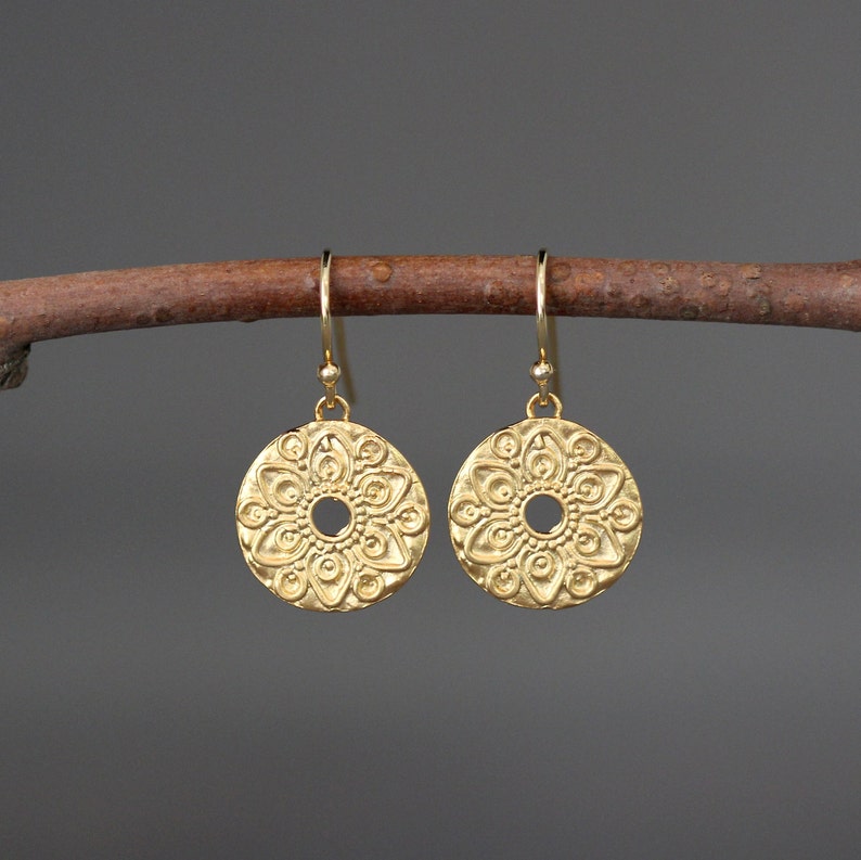 Gold Mandala Earrings Round Gold Earrings Gold Coin Earrings 18k Gold Vermeil Earrings Gold Charm Earrings image 1